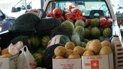 East Texas fruits and vegetables in the bed of a pickup truck