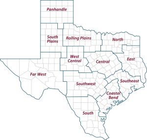 Map of the 12 Texas A&M AgriLife Extension districts.