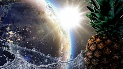 Earth and sun from space with water and pineapple