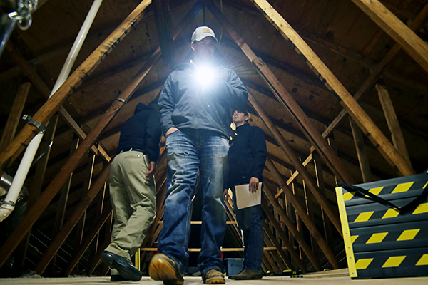 Exterminator searching attic with flashlight for household pests