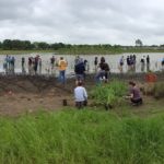 A group of people lined up along the edge of a pond, looking into the pond