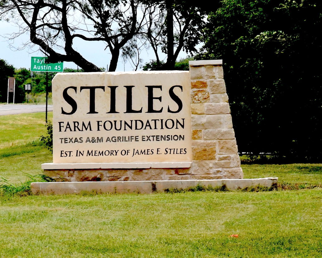 Photo of rock sign at front of facility stating Stiles Farm Foundation Texas A&M AgriLife Extension Est. in memory of James E. Stiles.