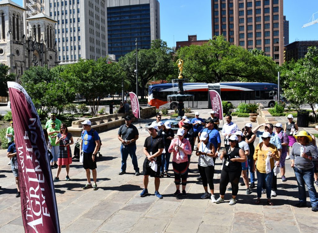 Adult Walk Across Texas! participants gathered on the patio of the Bexar County Courthouse.