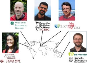World map view of researchers and their headshots, including: TOP LEFT TO RIGHT: Dr. Adam Smith, Missouri Botanical Garden; Dr. Francisco Rodríguez-Sánchez, Estación Biológica de Doñana; Dr. Dan Warren, Senckenberg Biodiversity and Climate Research Center and Okinawa Institute of Science and Technology. BOTTOM LEFT TO RIGHT: Dr. Hsiao-Hsuan "Rose" Wang, Texas A&M University; Dr. William Godsoe, Lincoln University.
