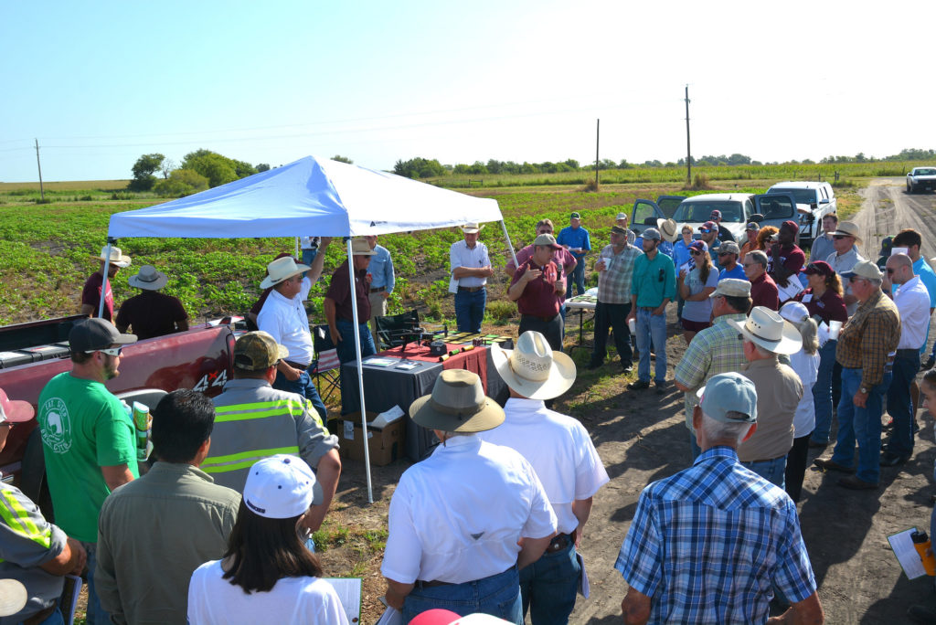 A bunch of farmers and other participants stand around a small tent awning at the Stiles Farm Field Day
