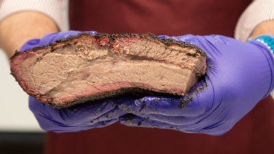 View of a cut slab of cooked brisket