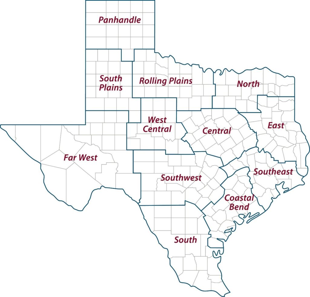 Map of the 12 AgriLife Extension districts.