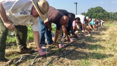 Veterans planting small U.S. flags in ground