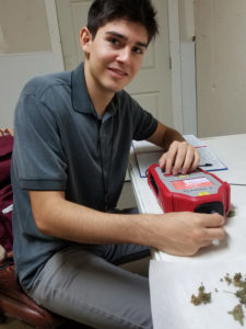 Photo of Lee Sanchez holding a hemp leaf for a scan with their lunchbox-sized device