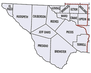 Map of a 16-county area of West Texas represented in new NRI report