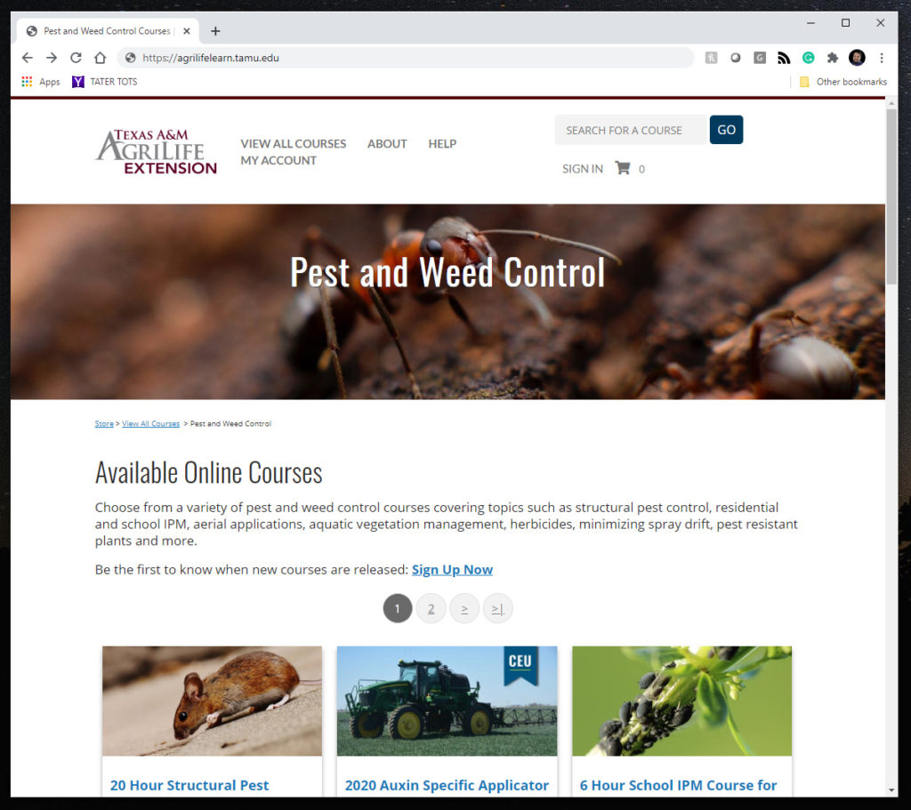 screenshot of pest control page