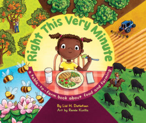 Right This Very Minute book COver. Young girl looking at her dinner plate filled with food. 