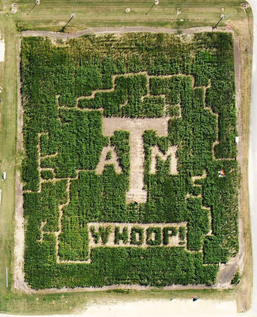 corn maze that spells out ATM for Texas A&M and Whoop