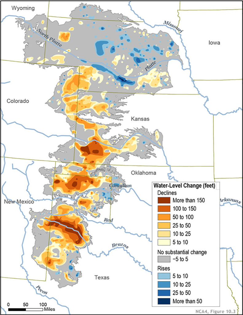 Map of the Ogallala Aquifer with a legend telling the various levels of water change