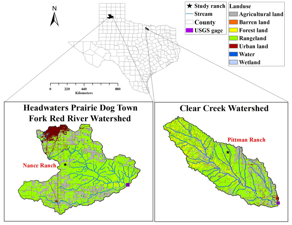 a graphic showing the outline of the headwaters of the Prairie Dog Town Fork of the Red River Watershed that includes the West Texas A&M Nance Ranch and the outline of the Clear Creek Watershed that includes the Pittman Ranch.