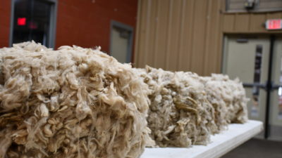 Three piles of wool on a table