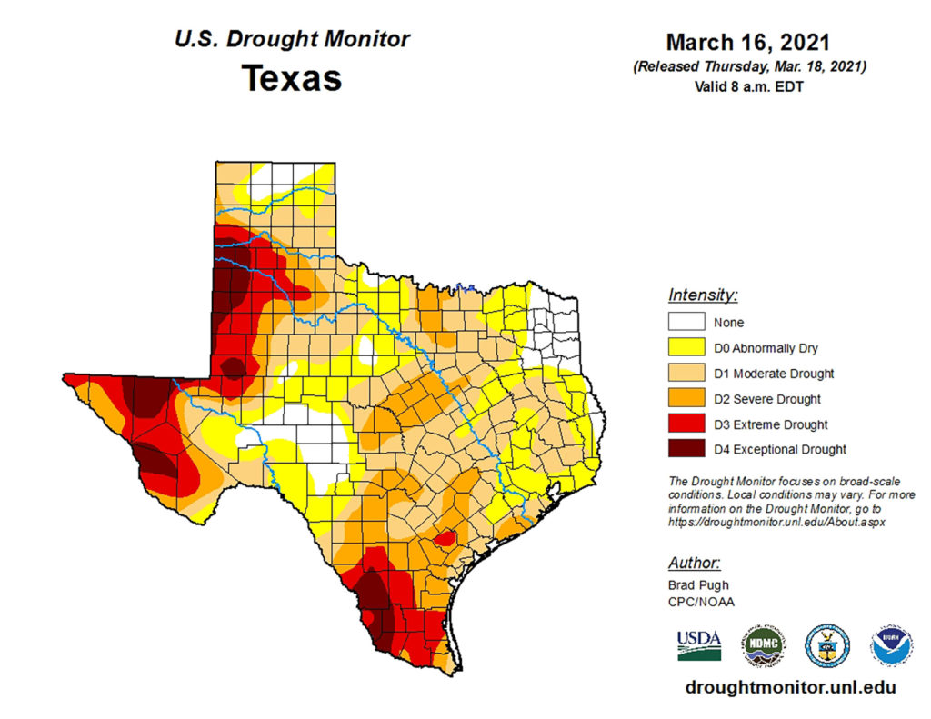 U.S. Drought Monitor map of Texas for March 16, 2021 showing the grades of drought depicted by maroon, red, orange, tan and yellow colors.