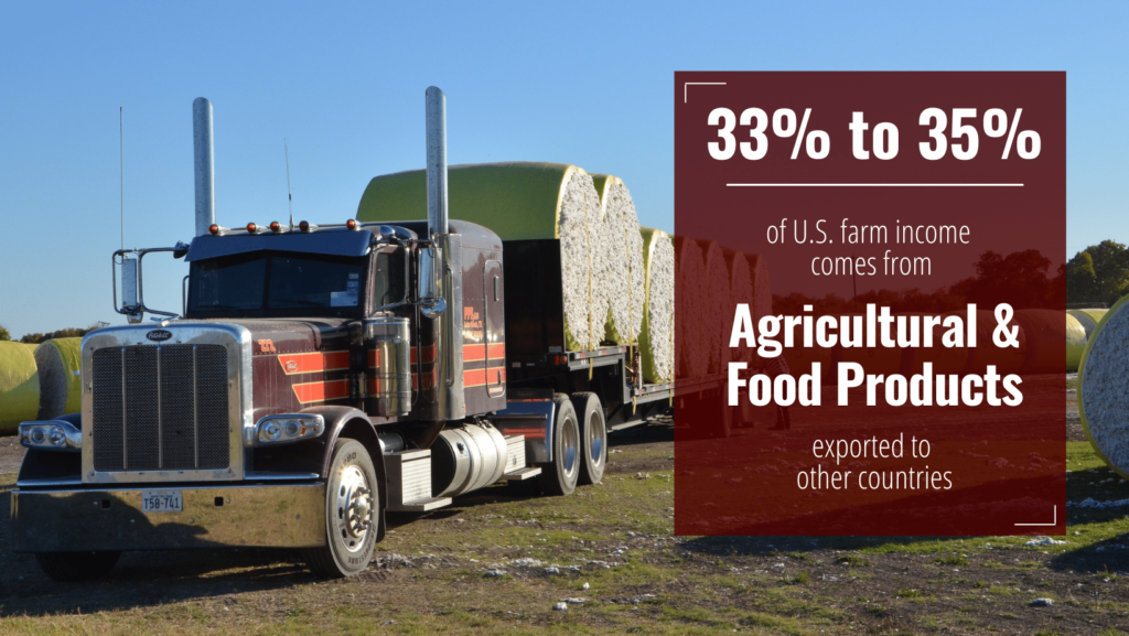 Ag export graphic with a semi-truck loaded with hay and a graphic that says 33% to 35% of U.S. farm income comes from Agricultural & Food Products exported to other countries