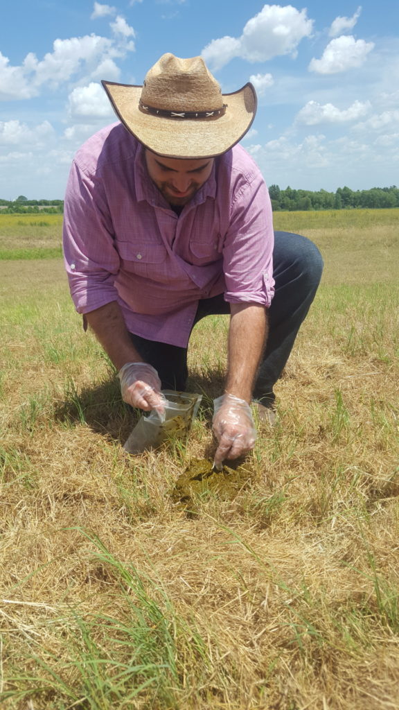 Lab technician demonstrates how to collect a manure sample in the field