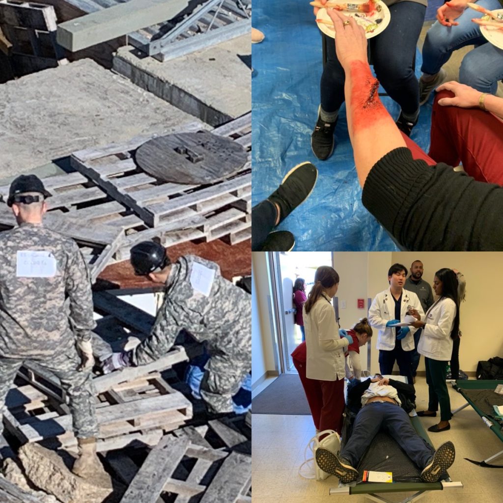 Collage featuring two military members working on a building collapse site, a person with an arm injury and a person on a stretcher with three medical caregivers standing over him.  