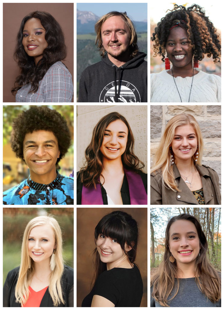 A three by three mosaic image of nine headshot portraits of the International Agricultural Education Fellowship Program fellows. The collection includes two men and seven women. The portraits range from professional photos in formal attire to selfies taken on hikes. 