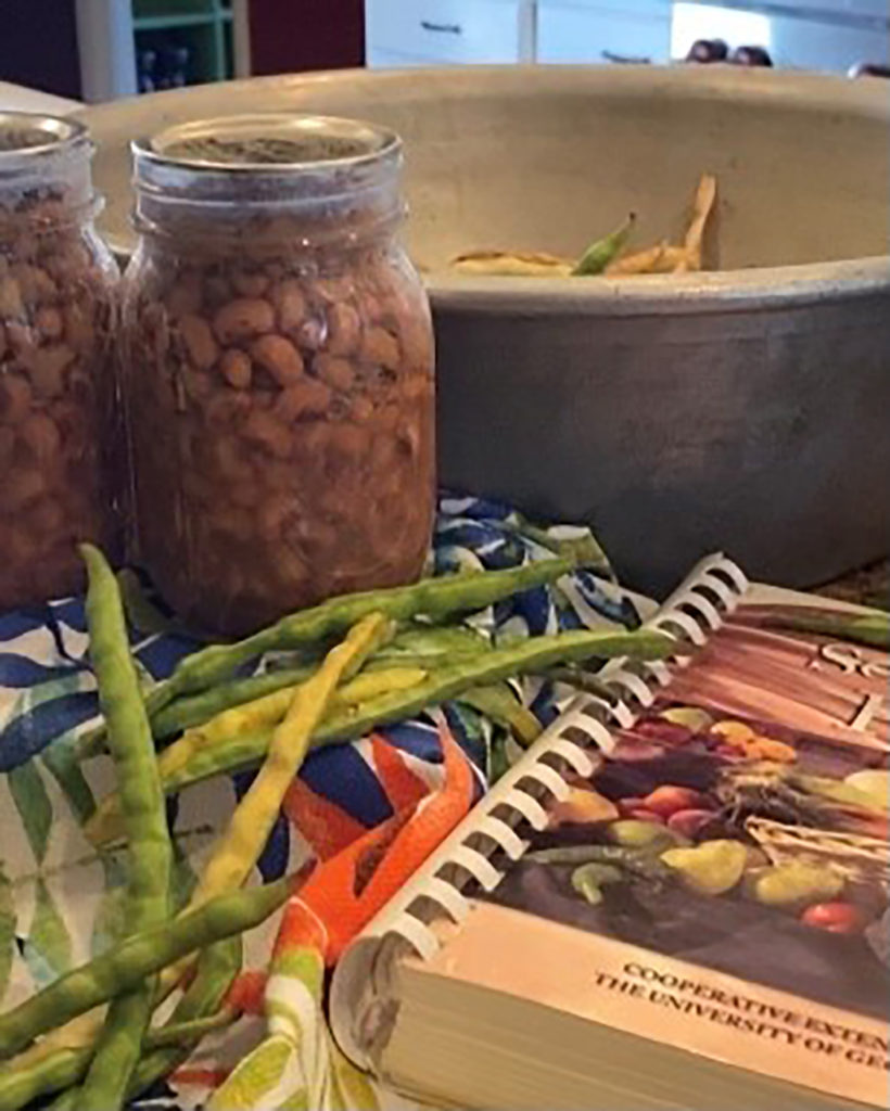 Preserving vegetables is demonstrated by two jars of canned black-eyed peas with some raw peas beside it still in the hull and a cookbook partially showing.