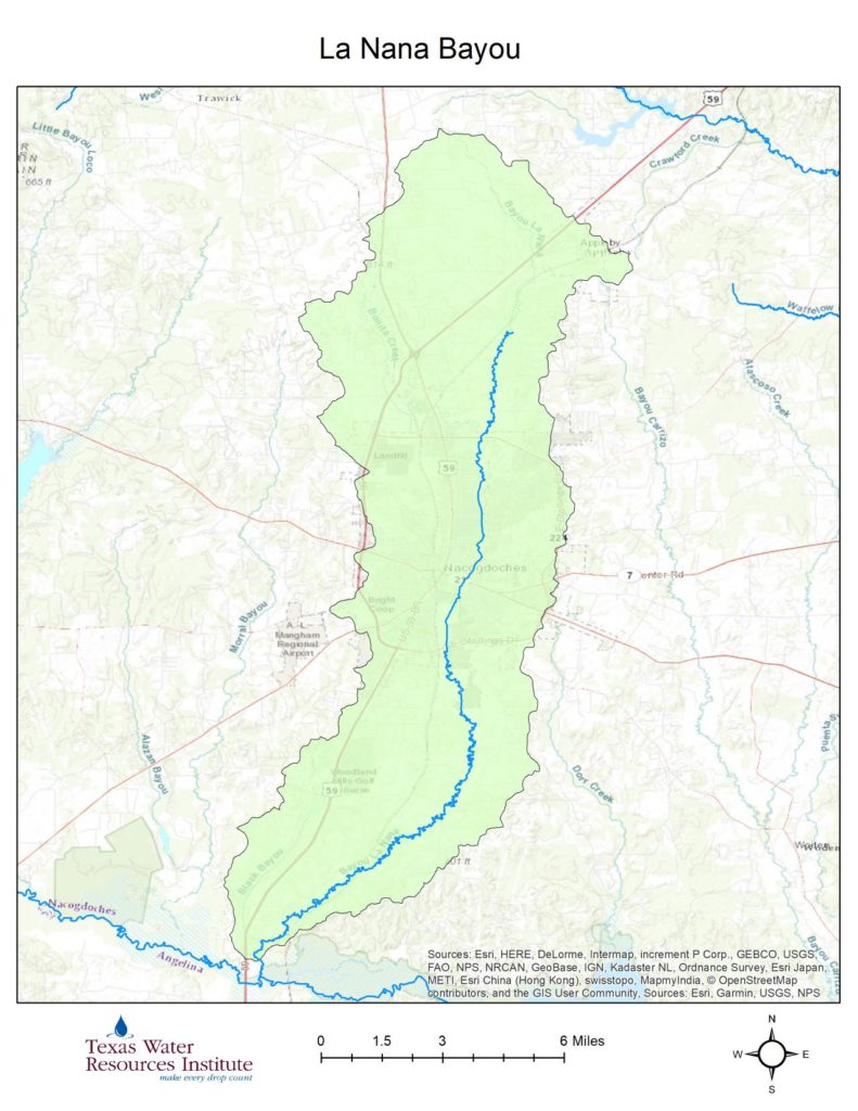 A map showing a stretch of green surrounding a mostly north-south stream. The green indicates the area of the La Nana Bayou watershed.