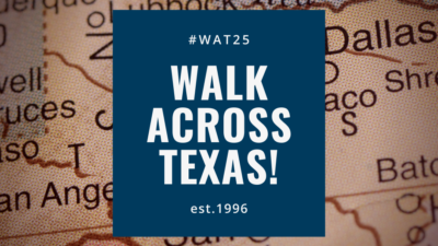 The logo for "Walk Across Texas"- the name is in a blue square over a sepia toned map of Texas