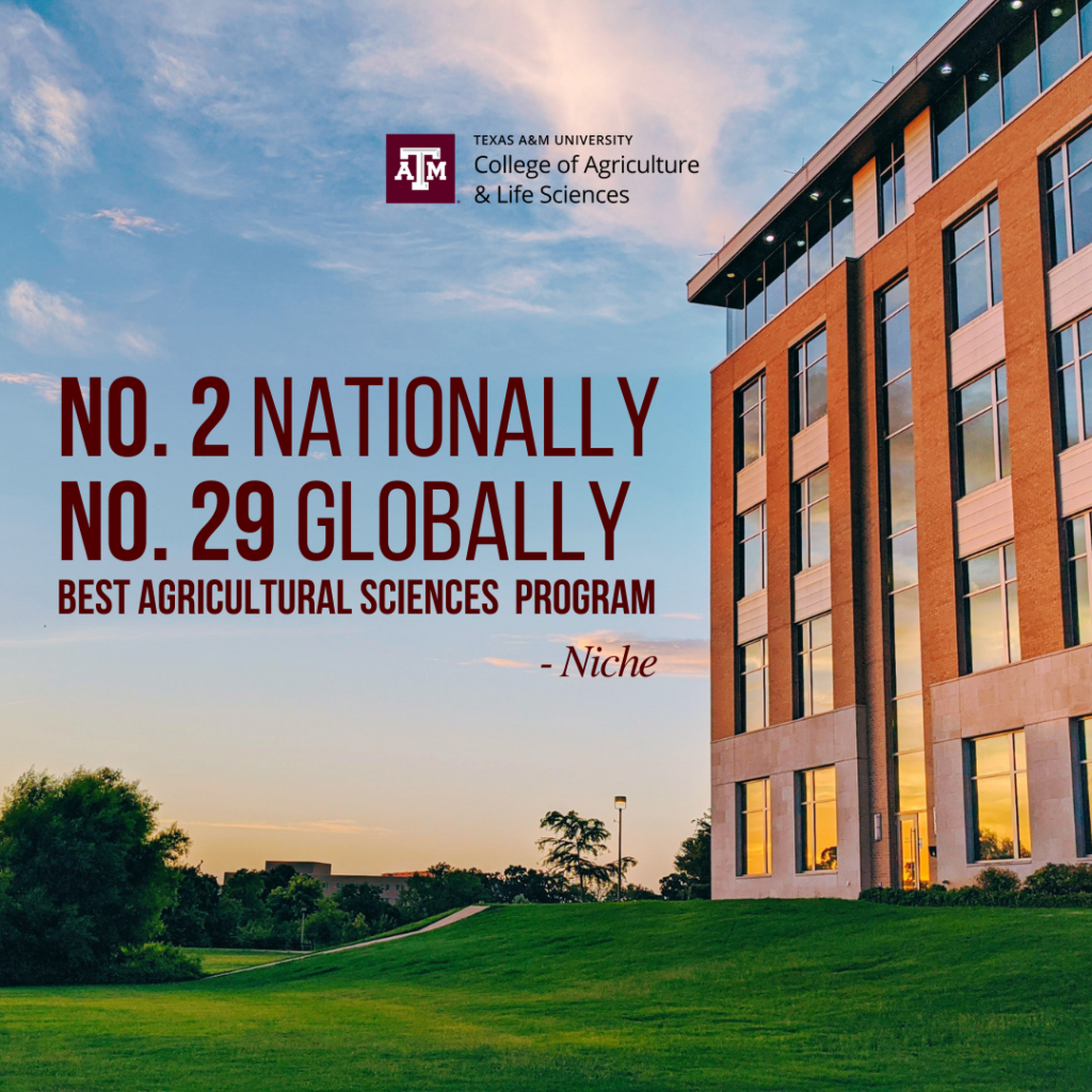 graphic with the Texas A&M University College of Agriculture & Live Sciences logo and No. 2 Nationally, No. 29 Globally - Best Agricultural Sciences Program - Niche