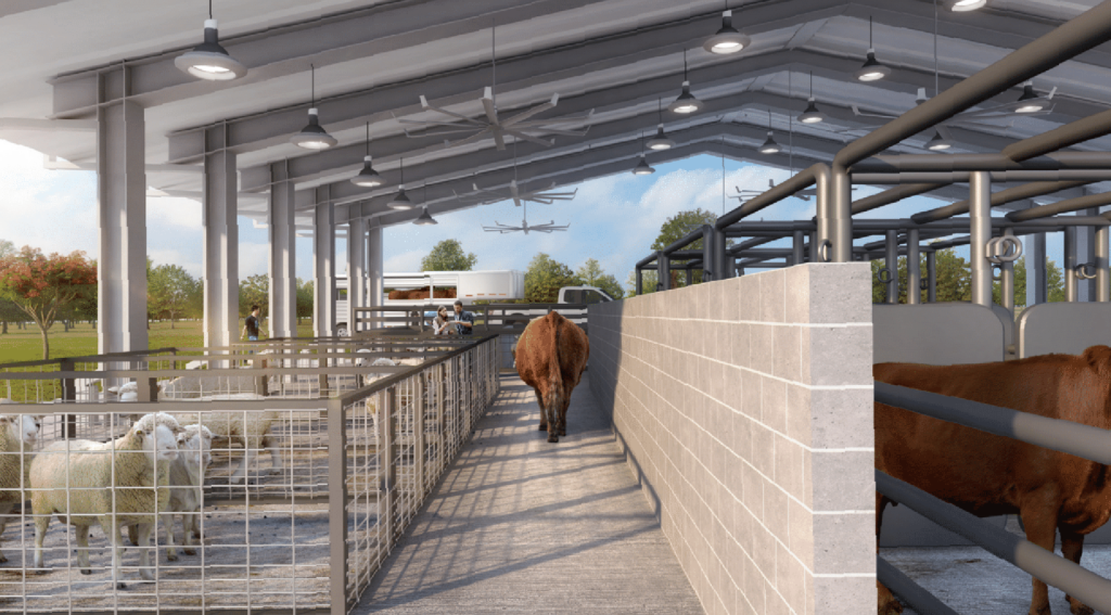 An artist rendition of a set of pens with a sheep in them and a cow on a walkway divided by a cinderblock wall with larger livestock pens. 