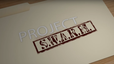 A computer generated manilla envelope sits on a table with ominous lighting. The envelop is labeled "Project S.W.A.R.M." This is the preview image for the Project S.W.A.R.M. trailer.