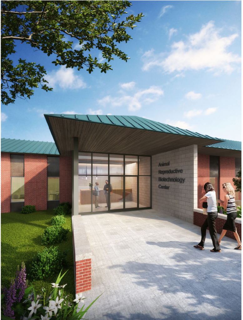 an artist rendition of the Animal Reproductive Biotechnology Center building front with two people walking on the sidewalk
