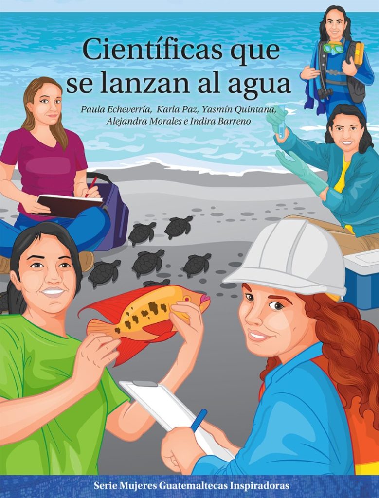 Artwork showcasing women in science. Yasmin Quintana is depicted holding a fish in a green shirt. 