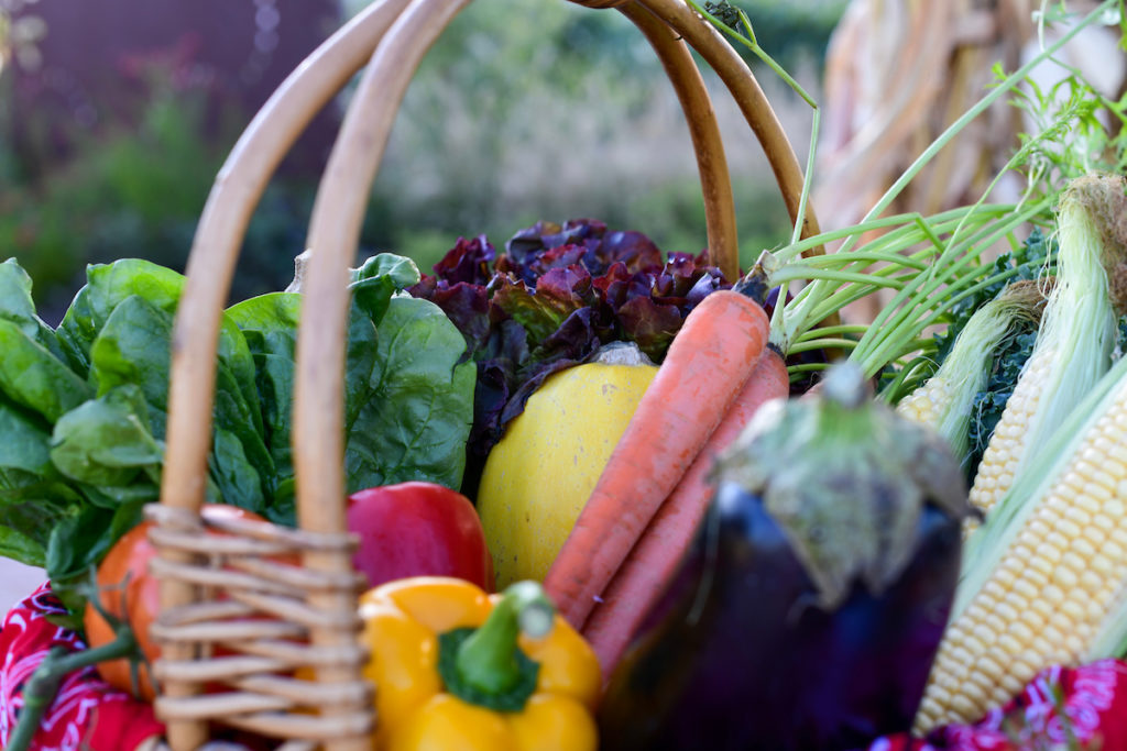 A basket of fresh fruits and vegetables at a farmer's market