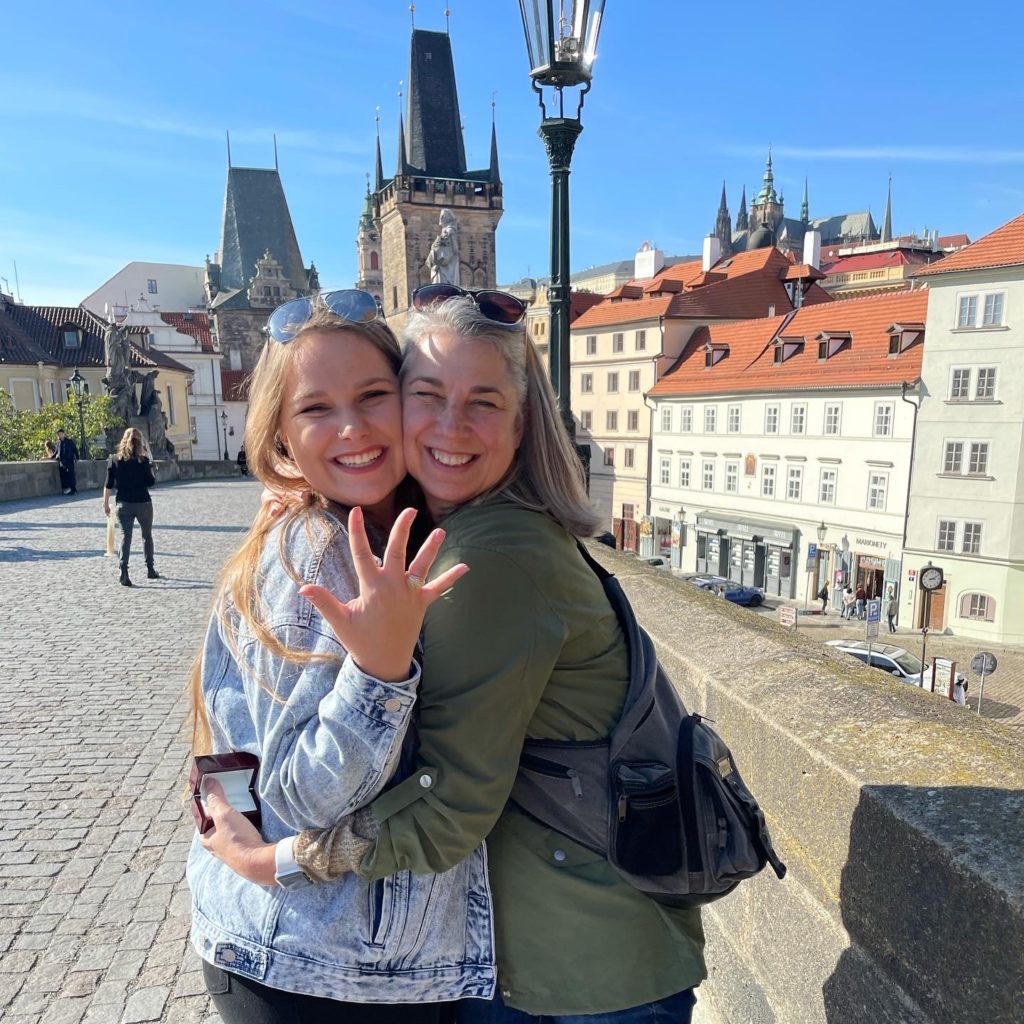 Two female travelers with a skyline of  Prague behind them