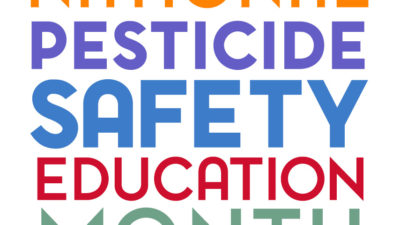 The words National Pesticide Safety Education Month logo. The words are yellow, purple, blue, red and green respectively