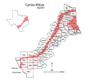 County blocks on the Texas map overlaid with red and pink indicating the span of the Carrizo-Wilcox Aquifer.