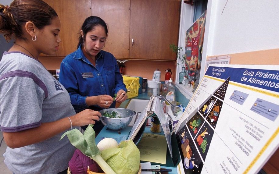 Participants at a Step Up and Scale Down workshop on healthy eating. Two women look at a food pyramid and charts while preparing a salad with a range of vegetables in a bowl on a counter.