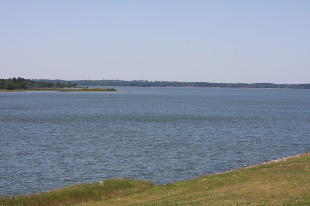 Possum Kingdom Lake. A green shore is in the foreground and the blue lake stretches almost to the horizon. There is a slight chop to it and no watercraft on it.
