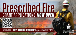 Prescribed fire grant applications logo with QR code and application information.