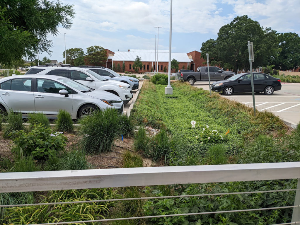 an indented green space allows urban stormwater runoff between two areas of a parking lot full of cars