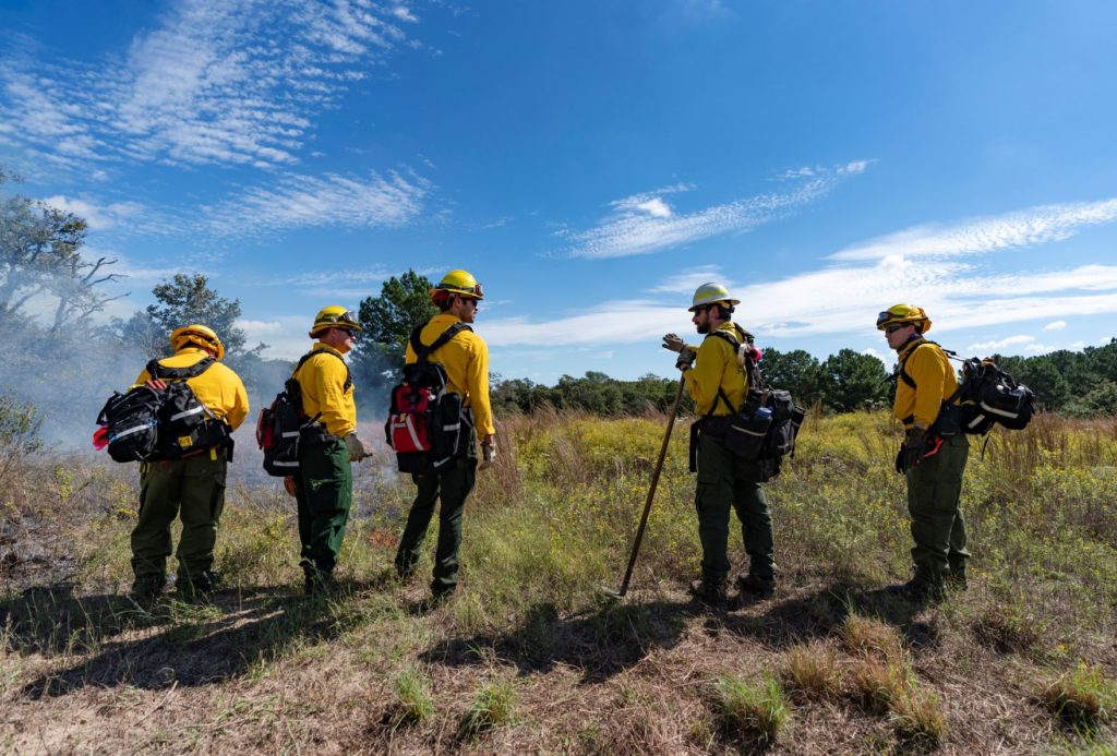 Firefights dressed in yellow protective jackets and hard hats stand in front of smoky area of rangeland.