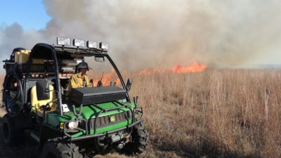 A man in a green ranger observes a prescribed burn in a dry pasture.