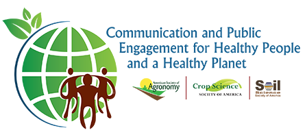 Logo that features an image of a segmented green globe with brown people figurines and it says Communication and Public Engagement for Healthy People and a Healthy Planet with three society logos below that.