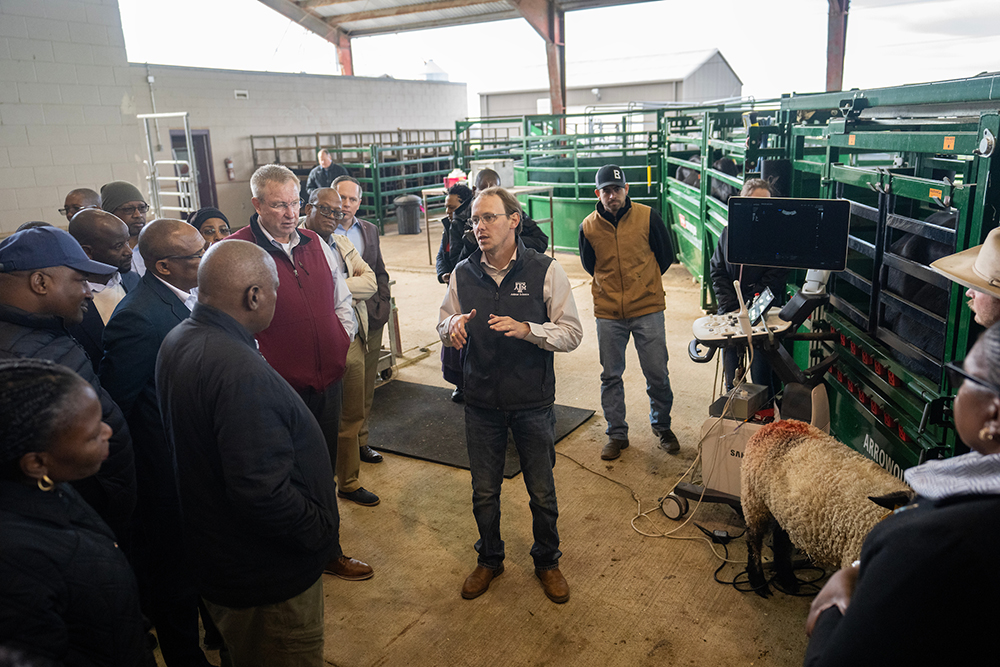 A man with a sheep stands in the center of a group, lecturing in an indoor livestock facility.