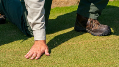 A man kneeling on turfgrass. His foot and hand are visible and wearing green and tan work clothes.