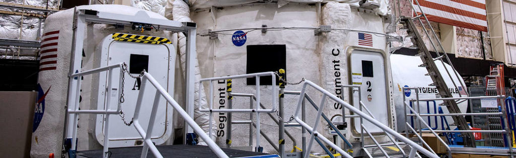 Exterior view of the Human Exploration Research Analog, HERA, habitat at NASA's Johnson Space Center. 