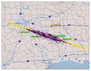 Debris path of Space Shuttle Columbia across Texas.