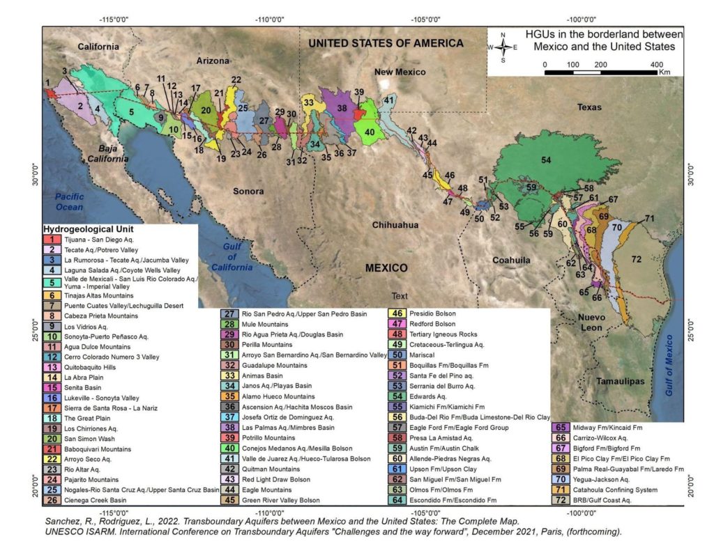 A large map of the U.S.-Mexico border that highlights 72 different aquifers in the first transboundary aquifer map