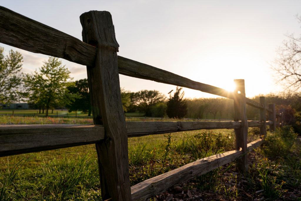 a setting sun shines over a wooden fence through a pasture with minimum carbon footprint